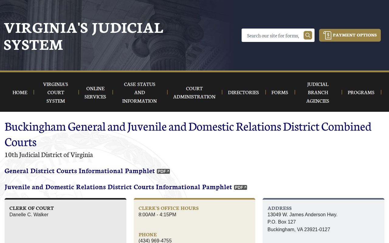 Buckingham County court disposition record source after a booking